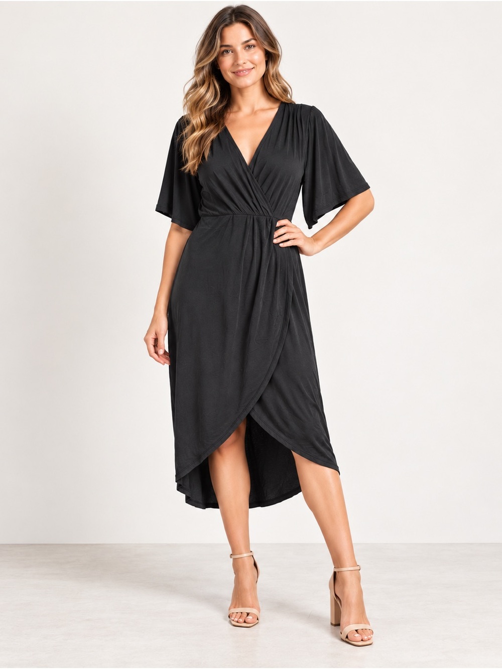 Lulu Black Faux Wrap Midi Dress Flutter Sleeve Size L
